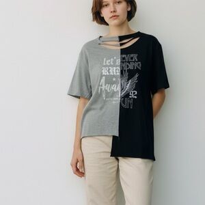 Black Bead Color Block Asymmetric Cut Out Graphic Knit Tee